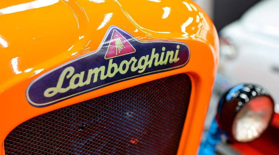 Lamborghini tractor badge on orange classic tractor